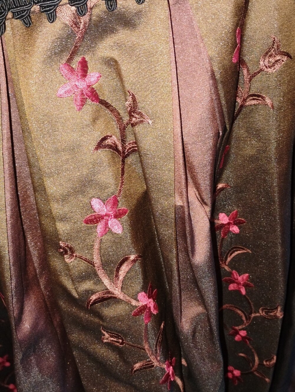 Brown Two Tone Taffeta Victorian Walking Dress Red Floral Embroidery Reenactor - Picture 3 of 15